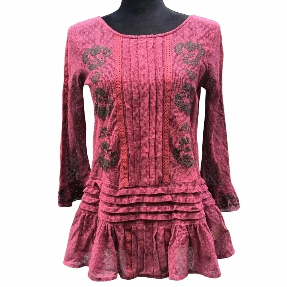 Free People Pink Embroidered Lace Peplum Top XS